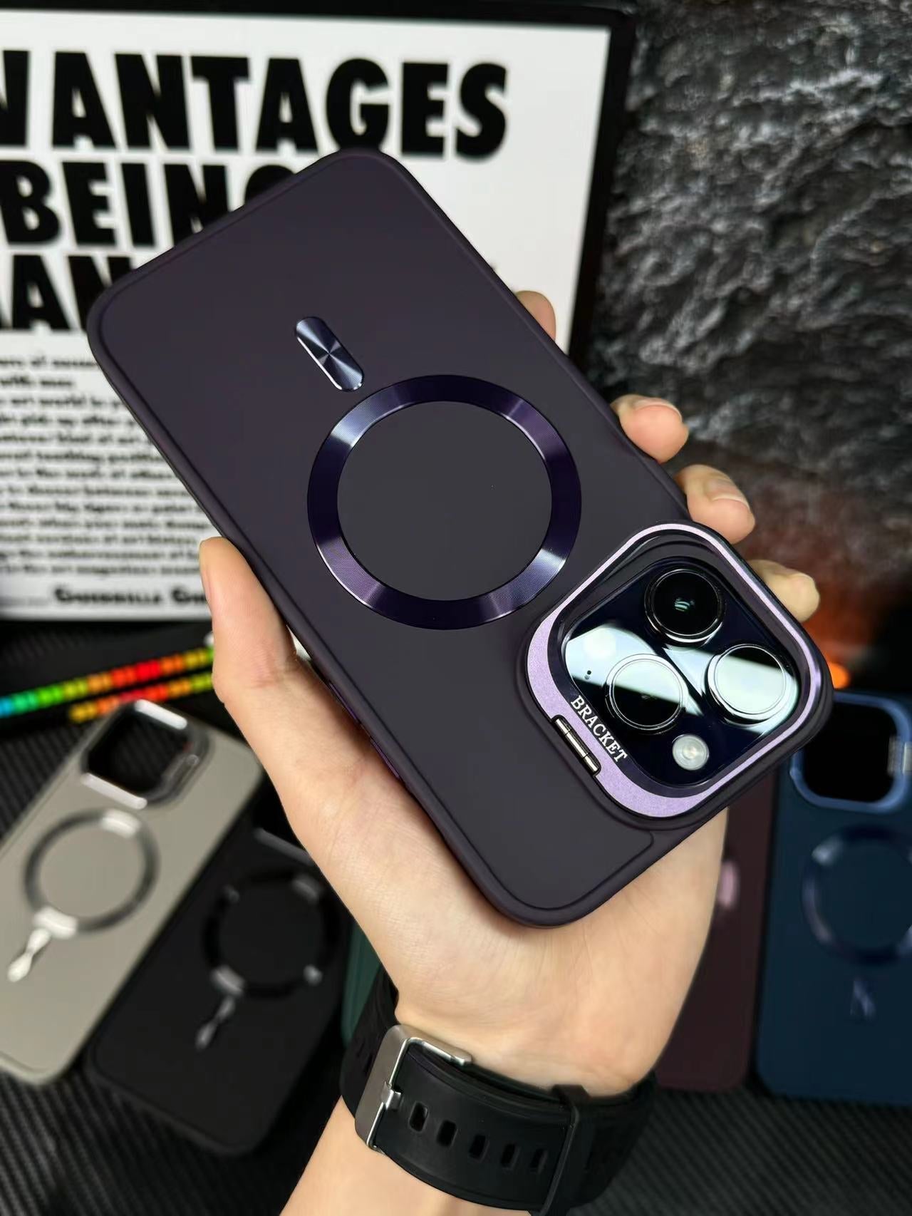 Apple 15/14/13/12 Frosted lens film bracket magnetic suction case, anti-fall mobile phone case