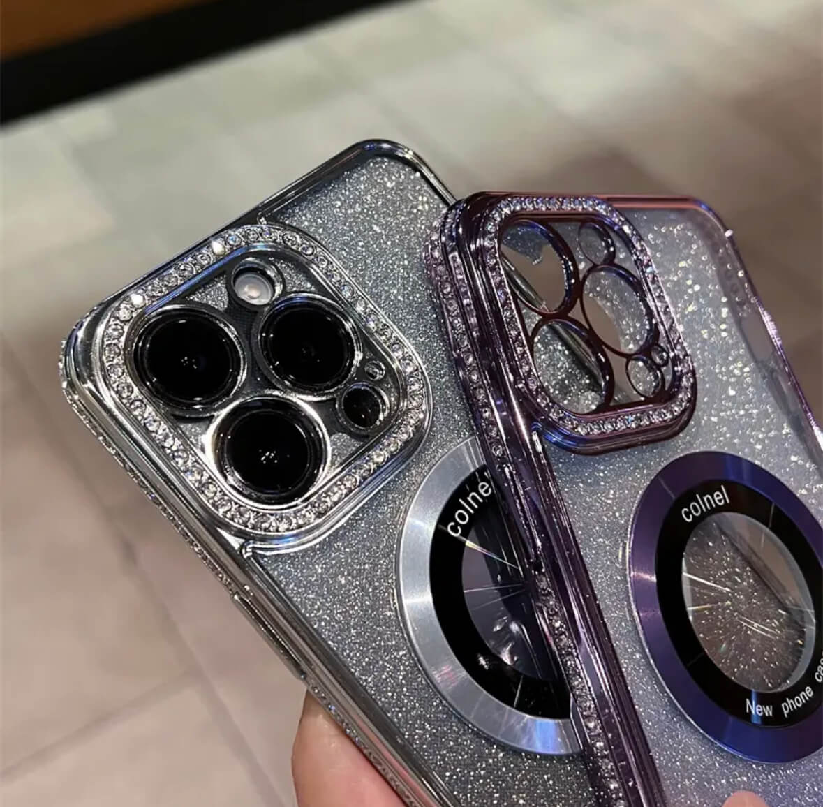 iPhone 11-16Transparent, glittering diamonds, electroplated logoview MagSafe Phone Case