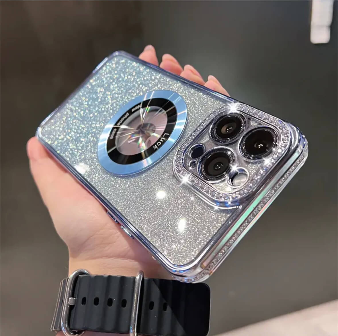 iPhone 11-16Transparent, glittering diamonds, electroplated logoview MagSafe Phone Case
