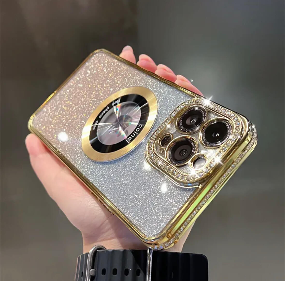 iPhone 11-16Transparent, glittering diamonds, electroplated logoview MagSafe Phone Case
