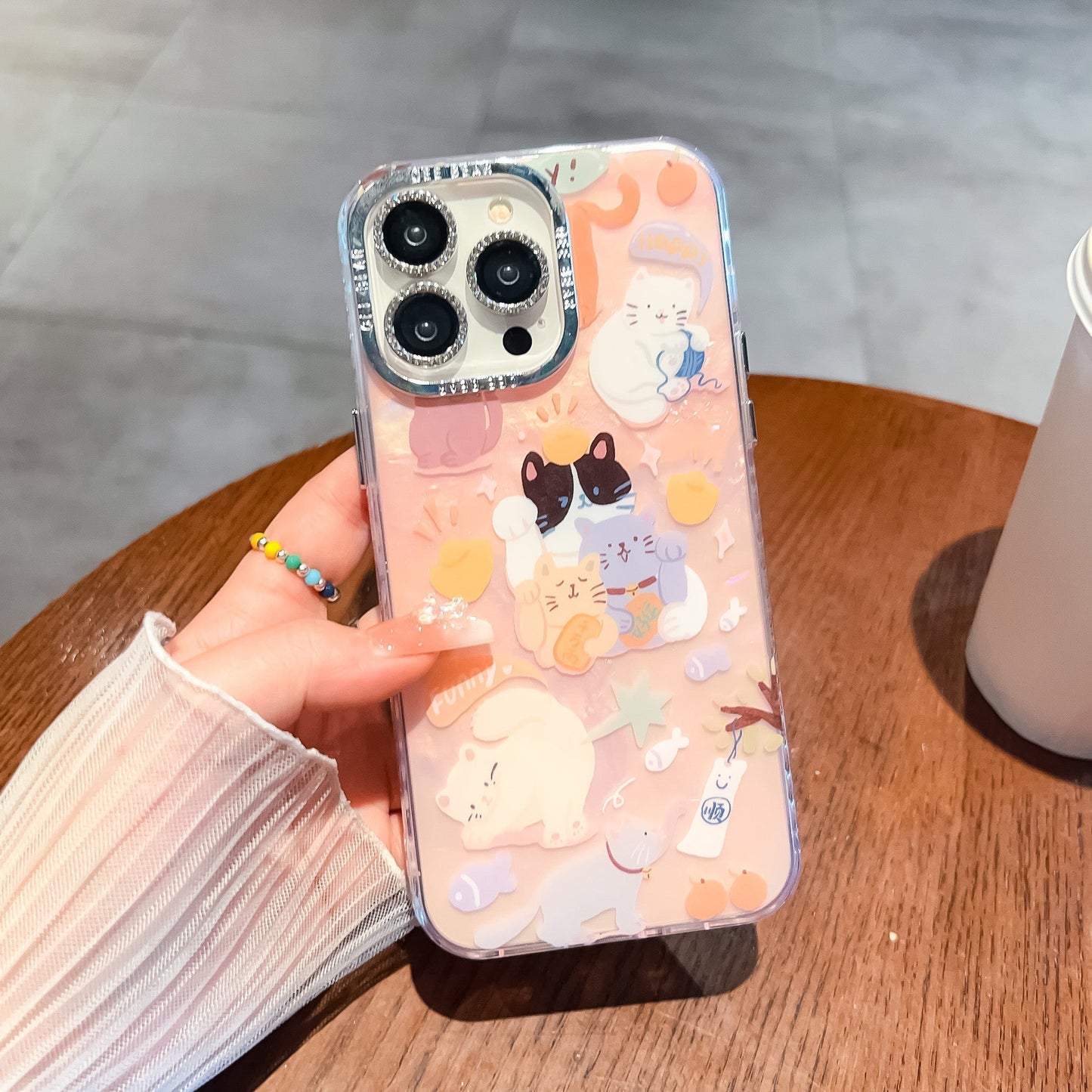 غلاف غشاء العدسة الفرعية لجهاز Apple 15/14/13/12/11Diamond Rainbow Rabbit