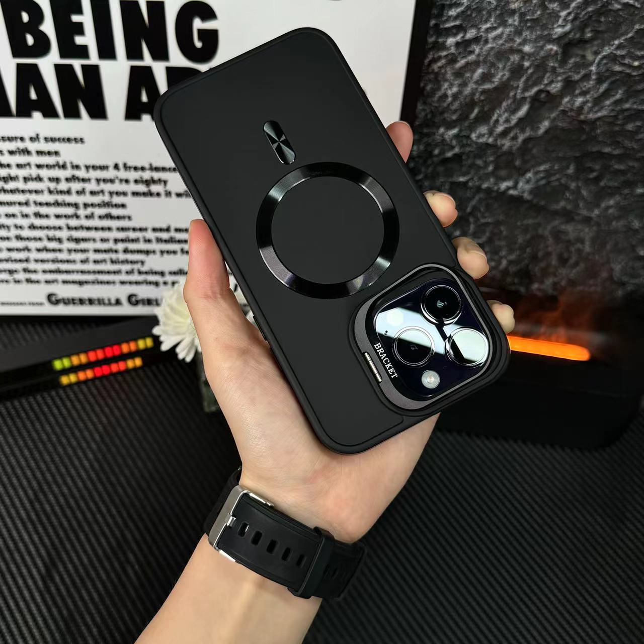 Apple 15/14/13/12 Frosted lens film bracket magnetic suction case, anti-fall mobile phone case