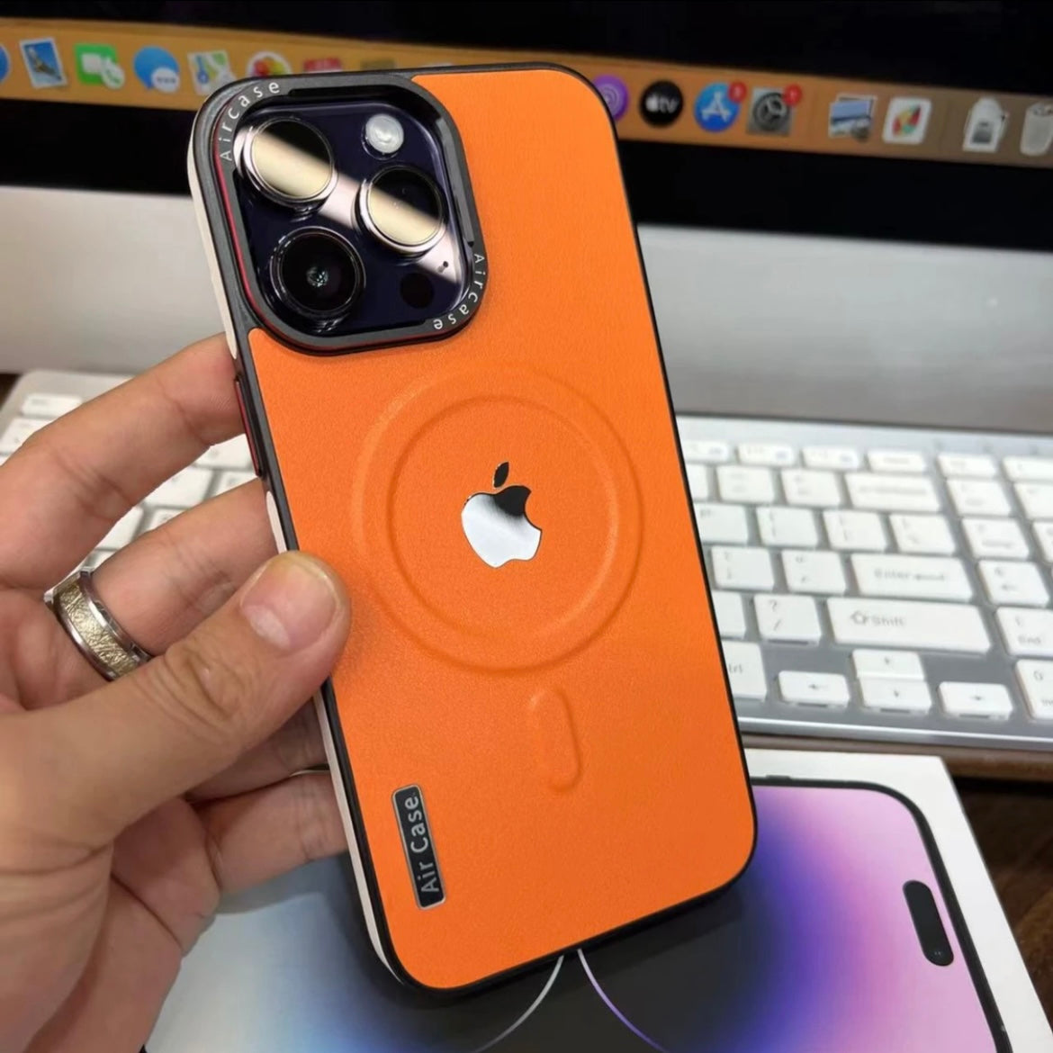 Apple 16-12 Lens Metal Frame Plain Leather Texture Magnetic Case