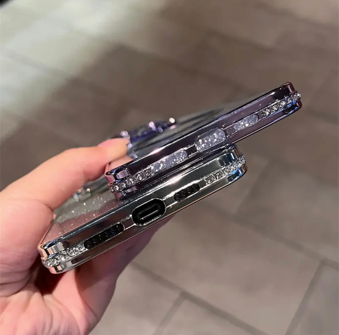 iPhone 11-16Transparent, glittering diamonds, electroplated logoview MagSafe Phone Case