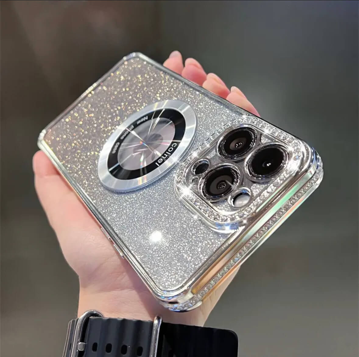 iPhone 11-16Transparent, glittering diamonds, electroplated logoview MagSafe Phone Case