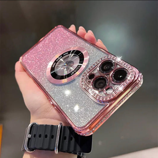 iPhone 11-16Transparent, glittering diamonds, electroplated logoview MagSafe Phone Case