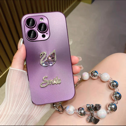 نموذج جديد من جراب الهاتف المحمول iPhone 14-11 على شكل بجعة من حجر الراين، غطاء كامل مضاد للسقوط، سوار